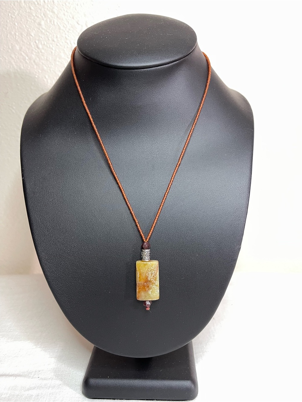 Handmade Amber-Tone Stone Pendant Necklace - Brown Beaded Cord